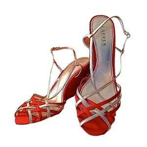 Lauren Ralph Lauren Berdy Red & Gold Open Toe Patent Leather Wedge Sandal Sz 9